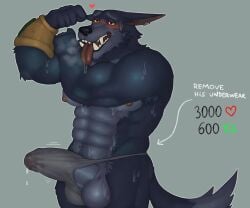 anthro balls bara barazoku big_balls big_penis blush boner erection erection_pushing_underwear fleshformomo flexing furry league_of_legends male male_only muscles muscular penis solo solo_male strip_game sweat sweating tongue_out underwear warwick wolf