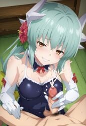 1boy 1girls ai_generated big_breasts blush breast censored clothed clothed_sex clothing cum cumshot dragon_girl ejaculation fate/grand_order fate_(series) female female_focus femdom flower flower_in_hair flowers green_hair grin handjob horns kiyohime_(fate) kiyohime_(fate/grand_order) kiyohime_(swimsuit_lancer)_(fate) long_globes long_gloves long_hair male mosaic_censoring penis pov smiling smiling_at_viewer smug smug_face smug_grin straight swimsuit teeth white_gloves