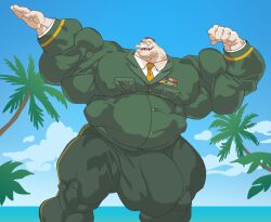 1boy 2024 anthro balls_outline bara bulge cetacean clothing detailed_bulge dolphin flaccid genital_outline glenn_dolphman hi_res inside_job male male_only mammal marine military_uniform musclegut muscular muscular_anthro muscular_male palm_tree penis_outline plant pose remert sky solo toothed_whale tree uniform