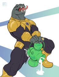 alien anthro arkillo bodily_fluids clothing cum genital_fluids green_lantern green_lantern_(series) hi_res male muscular muscular_anthro muscular_male sharp_teeth solo teeth thesecretcave torn_clothing uniform yellow_clothing