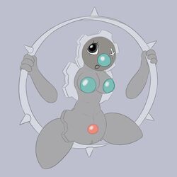 anthro anthrofied breasts eyelashes female gear gigigiaru grey_eyes grey_skin hi_res klinklang looking_at_viewer machine metal nintendo nude open_mouth pokemon posexe pussy simple_background solo spread_legs spreading video_games