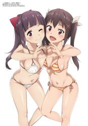 bare_arms bare_belly bare_legs bare_shoulders bare_thighs belly_button big_breasts black_hair blush breasts breasts_pressed_together dodonko funifura heart_symbol kono_subarashii_sekai_ni_bakuen_wo! long_hair megami_magazine mouth_closed official_art one_eye_closed open_mouth red_eyes shiny_skin smile swimsuit thighs