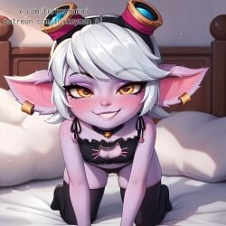 ai_generated all_fours bedroom bedroom_eyes cat_lingerie ear_piercing goggles goggles_on_head grin league_of_legends lingerie looking_at_viewer on_knees purple_skin short_hair shortstack smug thighhighs tristana turkeyman_ai white_hair yellow_eyes yordle