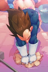 ass bara blush bottomless dragon_ball dragon_ball_z fellatio good_little_housewife male male_only multiple_boys muscle muscles oral son_goku undressing vegeta wince yaoi