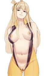 1girls black_eyes blonde_hair exposed_breasts exposed_nipples exposed_pussy female female_only fit_female go!_go!_loser_ranger! human inner_sideboob nipple_piercing nipple_slip pubic_hair ranger_reject sentai_daishikkaku solo suzukiri_yumeko unlucky_feature_826 vagina yellow_hair zipper_down