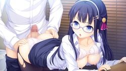 >:o 1boy :o ass ass_grab bent_over black_legwear blue_eyes bra bra_lift breasts breasts_out censored collarbone doggy_style female glasses hair_ornament hairband hairclip highres ichikura_(bk) imminent_sex looking_back mosaic_censoring nipples open_clothes open_shirt panties panties_aside pantyhose penis polka_dot polka_dot_bra polka_dot_panties shirt shishidou_iori skirt skirt_lift solo_focus tenmaso torn_clothes torn_pantyhose underwear world_election