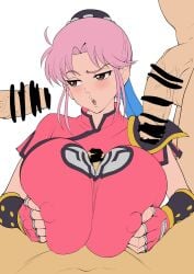 1girls big_breasts bimbo breasts breasts_bigger_than_head censored dragon dragon_quest dragon_quest_dai_no_daibouken female gigantic_breasts huge_breasts huge_nipples iwao178 large_breasts maam nipple_bulge nipples nipples_visible_through_clothing paizuri_over_clothes penis pink_hair tagme