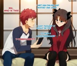 1boy 1girls ai_generated cuckold emiya_shirou english_text ezzezezz fake fate_(series) female human lies male multiple_boys text threesome tohsaka_rin tyrone666