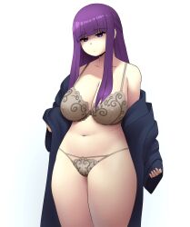 1girls absurdres bangs bra coolerinker emotionless expressionless female fern_(sousou_no_frieren) highres inker_comics inkershike large_breasts long_hair navel panties purple_eyes purple_hair solo sousou_no_frieren standing thick thick_thighs thighs underwear