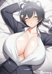 1girls allied_hyakkiyako_academy_student black_hair blue_archive breasts cleavage female handplug huge_breasts inner_discipline_club_(blue_archive) light-skinned_female light_skin lying_on_back short_hair sleeping tsubaki_(blue_archive) tsubaki_(guide)_(blue_archive)