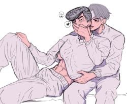 2boys blush closed_eyes diamond_is_unbreakable erection_under_clothes fully_clothed gay hand_on_another's_chest hand_on_another's_mouth horny_male jojo's_bizarre_adventure josuke_higashikata male male/male male_only rohan_kishibe yaoi