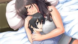 amami_marika bed bedroom big_breasts game_cg gentle_sasaki hand_on_another's_head hugging husband_and_wife pajamas pillow soredemo_tsuma_wo_aishiteru_2 tanktop underwear