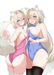 2d 2d_(artwork) 2girls alternate_costume animal_ears animal_tail artist_request ass big_breasts black_thighhighs blonde_hair blue_bunnysuit blue_eyes blue_hair blue_nails blush bunnysuit female female_focus fuwamoco fuwawa_abyssgard hololive hololive_english hololive_english_-advent- hourglass_figure huge_breasts light-skinned_female light_skin long_hair looking_at_viewer mococo_abyssgard pink_bunnysuit pink_eyes pink_hair pink_nails revealing_clothes short_hair side_view sideboob simple_background sisters slim_girl small_breasts standing tight_clothing two_tone_hair very_long_hair virtual_youtuber vtuber vtuberfanart white_background white_thighhighs young younger_female