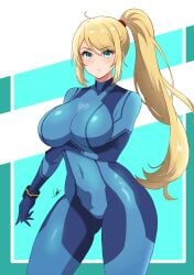 blonde_hair blue_eyes breasts female female_only lgc_cat metroid nintendo samus_aran solo zero_suit zero_suit_samus