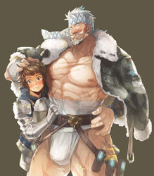 2boys abs age_difference bara blush bulge gran_(granblue_fantasy) granblue_fantasy hand_on_head male male_only multiple_boys muscle muscles pecs size_difference soriz yaoi