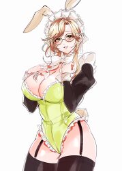 1girls absurd_res ade_(nikke) black_legwear black_thighhighs blonde_hair blush bowtie bowtie_collar breasts bunny_ears bunny_girl bunny_tail bunnysuit cleavage dimjh eyebrows_visible_through_hair female female_only garter_straps glasses goddess_of_victory:_nikke green_eyes green_leotard huge_breasts leotard light-skinned_female light_skin looking_at_viewer maid maid_headdress open_mouth open_smile sidelocks smile smiling_at_viewer thighhighs thighs white_background