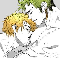 2boys auspizien bara bara_tiddies bara_tits barazoku biting_nipple blonde_hair blonde_hair_male face_in_chest face_in_pecs foreplay gay gay_sex green_hair green_hair_male large_chest large_pectorals licking_nipples licking_pecs licking_pectoral looking_at_another looking_at_partner looking_down looking_pleasured lost_in_pleasure male male/male male_focus male_only muscle muscle_worship muscles muscular muscular_abs muscular_male nipple_play nipples one_piece pec_lick pec_licking pecs pectoral_focus pectoral_lick pectorals roronoa_zoro sanji scar scar_across_eye scar_on_chest scar_on_stomach teasing teasing_nipple toned toned_body toned_male toned_stomach vinsmoke_sanji worship worshiping worshipping yaoi