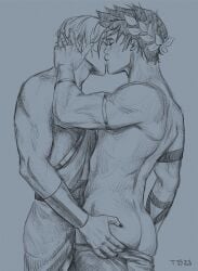 ass ass_grab canon_couple gay hades_(game) happy holding_partner kissing laurel_crown love male_only monochrome partially_clothed sketch thanatos_(hades) tinacheesecat twunk wholesome yaoi zagreus