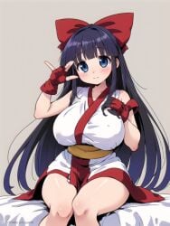 1girls ainu_clothes big_breasts blue_eyes breasts busty cleavage female female_only fingerless_gloves gloves huge_breasts king_of_fighters legs looking_at_viewer nakoruru purple_hair samurai_shodown sitting smile snk solo thighs