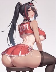 1girls ai_generated bay_(nikke) brown_eyes cheerleader dark_hair goddess_of_victory:_nikke hair_highlights large_breasts leg_stockings legwear lewdwaifulaifu long_hair looking_at_viewer ponytail slim_waist thick_thighs underboob