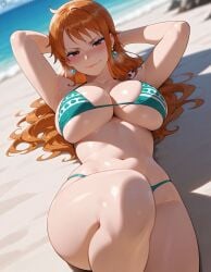 1girls ai_generated beach bikini huge_breasts large_breasts lying nami_(one_piece) one_piece solo vertiloart