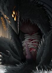 6_eyes ambiguous_gender anthro chest_mouth claws clothing erection feral genitals hi_res knot male monster multi_eye open_mouth penis rib_cage ribs size_difference solo sulyvahn's_beast teeth teeth_showing teratophilia zeptophidia