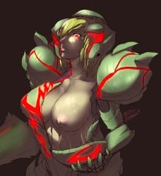 1girls abs beauty_mark blonde_hair breasts clawed_fingers claws exoskeleton exposed_breasts female female_only glare glowing_eyes helmet large_breasts living_armor living_clothes living_machine metroid metroid_dread metroid_suit nintendo nipples no_bra nude nude_female official_alternate_costume one_breast_out pink_nipples power_armor red_eyes removing_clothing samus_aran six_pack slime slime_(substance) sol_goodguy solo solo_female sticky wet wet_body