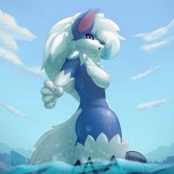 absurd_res andy_234 anthro ass breasts cloud female furry furry_only genitals hi_res lycanroc nintendo nude pokémon_(species) pokemon pussy sea shiny_pokemon sky water