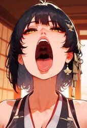 1girl 1girls ai_generated big_mouth black_hair earrings enjisd female female_only female_rover_(wuthering_waves) light-skinned_female light_skin mouth_open open_mouth rover_(wuthering_waves) saliva short_hair tongue tongue_out wuthering_waves yellow_eyes