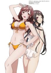 armpits ass back bare_arms bare_back bare_belly bare_legs bare_shoulders bare_thighs belly_button bikini_pull black_hair blush breasts brown_eyes brown_hair hand_on_waist houjou_kaori isekai_de_cheat_skill_wo_te_ni_shita_ore_wa_genjitsu_sekai_wo_mo_musou_suru long_hair megami_magazine midou_miu mouth_closed official_art open_mouth orange_swimsuit smile sunglasses sunglasses_on_head swimsuit thighs white_swimsuit