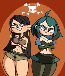 2girls big_breasts black_hair cleavage earrings eyeshadow female female_only grey_body gwen_(tdi) heather_(tdi) lipstick looking_at_another metuloser404 multicolored_hair navel shorts skirt thighs total_drama_island