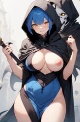 ai_generated bennia_orcus bladed_weapon blue_dress blue_hair blush breast_exposed cape clawed_finger cloak father father_and_daughter grim_reaper hair_tied_back high_school_dxd hood_up horny horny_female long_bangs massive_breasts nipple_bulge smile squeezed thick_thighs tight_dress top_heavy_breasts torn_dress yellow_eyes