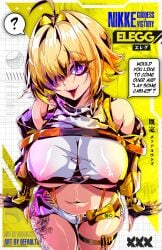 1girls ahoge blonde_hair defaultz_17 elegg_(nikke) female_only goddess_of_victory:_nikke hair_over_eyes large_breasts midriff nipples nipples_visible_through_clothing no_bra open_mouth purple_eyes short_hair tattoo thigh_gap tongue underboob wide_hips