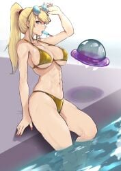 1girls abs big_breasts bikini blonde_hair blue_eyes busty gold_bikini light-skinned_female light_skin metroid metroid_(creature) nintendo painted_fingernails painted_nails ponytail pool popsicle samus_aran sunglasses_on_head swimsuit vialnite