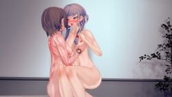 3d after_kiss ass big_breasts blush braided_hair breasts brown_hair danganronpa danganronpa:_trigger_happy_havoc danganronpa_2:_goodbye_despair danganronpa_3 female female_only futa_on_female futanari grey_hair huge_breasts implied_futanari koikatsu large_breasts large_breasts_lesbian legs long_hair looking_at_another looking_at_partner medium_breasts mukuro_ikusaba pekoyama_peko red_eyes saliva saliva_string saliva_trail short_hair tagme thighs tongue_out white_background yuri