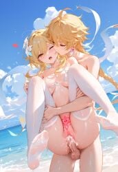 aether_(genshin_impact) ai_generated blonde_hair brother_and_sister horny_female incest lumine_(genshin_impact) mihoyo pleasure_face sex straight