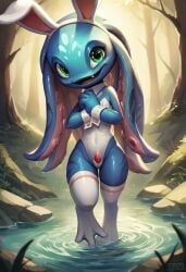 ai_generated bunny_ears bunnysuit collar fizz_(lol) forest penis pond stockings wrist_cuffs