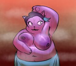 anthro areola armpit_hair big_breasts black_hair bodily_fluids body_hair breasts catty_(undertale) clothed clothing felid feline female fur hair highlights_(coloring) mammal musk musk_clouds nipples overweight overweight_anthro overweight_female oxkingky partially_clothed partially_colored paws purple_areola purple_body purple_fur simple_background solo sweat undertale_(series) whisker_spots