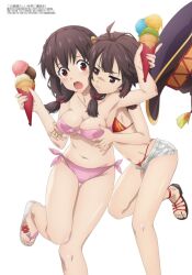 angry_face bare_arms bare_belly bare_legs bare_shoulders bare_thighs belly_button big_breasts blush breasts brown_hair catfight feet flip_flops hat_removed ice_cream kono_subarashii_sekai_ni_bakuen_wo! kono_subarashii_sekai_ni_shukufuku_wo! long_hair megumin mouth_closed open_mouth red_eyes sandals sexfight short_hair shorts small_breasts surprised swimsuit thighs toes yunyun_(konosuba)