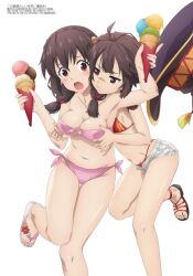 angry_face bare_arms bare_belly bare_legs bare_shoulders bare_thighs belly_button big_breasts blush breasts brown_hair catfight feet flip_flops hat_removed ice_cream kono_subarashii_sekai_ni_bakuen_wo! kono_subarashii_sekai_ni_shukufuku_wo! long_hair megumin mouth_closed official_art open_mouth red_eyes sandals sexfight short_hair shorts small_breasts surprised swimsuit thighs toes yunyun_(konosuba)