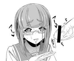 blush censored clothing cum facial female glasses haruchika long_hair monochrome narushima_miyoko penis school_uniform