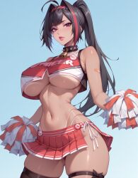 1girls ai_generated bay_(nikke) big_ass brown_eyes cheerleader dark_hair goddess_of_victory:_nikke hair_highlights large_breasts leg_stockings legwear lewdwaifulaifu long_hair looking_at_viewer looking_back looking_down ponytail slim_waist thick_thighs underboob