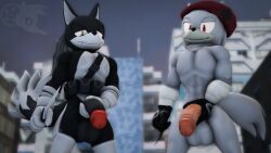 3d_(artwork) ace_(mrfrenchyjackal) adam_(juicyducksfm) anthro balls bandage bandaged_arm beret big_balls big_penis black_body black_fur bodysuit canid canine canis city city_background clothing digital_media_(artwork) duo fan_character fur genitals gloves grey_body grey_fur hair handwear hat headgear headwear hi_res holding_penis jackal jackal_squad juicyducksfm knife looking_at_viewer male male_only mammal muscular muscular_male nude penis red_eyes sega skinsuit sonic_(series) sonic_the_hedgehog_(series) source_filmmaker_(artwork) tail tight_clothing white_body white_fur wolf yellow_eyes