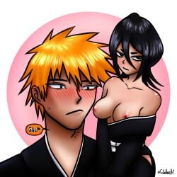 1boy 1girls artist_name black_clothing black_eyes black_hair bleach blush breasts clothed color couple cutehornart female full_color hi_res ichigo_kurosaki kimono kuchiki_rukia male micro nipples orange_hair pink_nipples simple_background size_difference small_breasts straight tagme