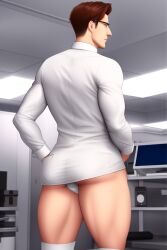 ai_generated ass athletic big_thighs bubble_butt butt_focus doctor gay glasses human human_only laboratory laboratory_equipment light-skinned_male light_skin male man men_only muscular_man muscular_thighs pale_skin professor scientist tight_clothing unifrom young_man