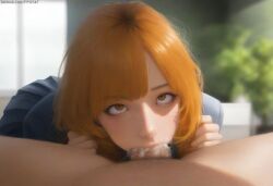 1boy 1girls ahe_gao ai_generated bangs blowjob clothed_female_nude_male cum cum_in_mouth cum_in_throat cum_inside deepthroat eye_contact fellatio female ginger indoors large_penis male messy_hair nai_diffusion oral orange_eyes orange_hair original original_character parted_bangs penis petite pov pov_fellatio pubic_hair pujopg rolling_eyes school_uniform schoolgirl shoulder_length_hair slim teenage_girl teenager throatpie