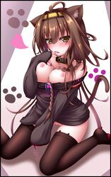 animal_ears bare_shoulders blush braid breasts brown_hair brown_legwear cat_ears cat_tail collar drooling female hairband highres kantai_collection kemonomimi_mode kongou_(kantai_collection) long_hair looking_at_viewer nail_polish nipples no_bra no_panties off_shoulder open_mouth paw_print pussy single_braid sitting slit_pupils solo tail text thighhighs tied_hair translation_request wariza yoye_(pastel_white)