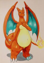 025aki 2015 anthro breasts charizard dragon female female_pokemon hi_res membranous_wings nintendo nude pokemon pokemon_(species) pose pussy simple_background slightly_chubby smile solo standing tail_fire wings