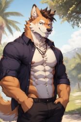 1boy abs ai_generated anthro dvxxxgrai furry highres male male_focus muscular muscular_male navel nipples open_clothes outdoor pectoral pixai shirt smile