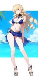 1girls ai ai_generated alternate_costume belly_button big_breasts bikini bikini_bottom bikini_top blonde_hair blue_eyes blush cleavage clouds crowna77 day female female_focus female_only front_view full_body genshin_impact high_heels hoyoverse jewelry light-skinned_female light_skin long_hair long_legs looking_at_viewer mihoyo navel navia_(genshin_impact) ocean outdoors palm_tree revealing_swimsuit sandals sky slim_girl smiling smiling_at_viewer solo solo_female solo_focus standing summer two_piece_swimsuit vision_(genshin_impact) water young younger_female